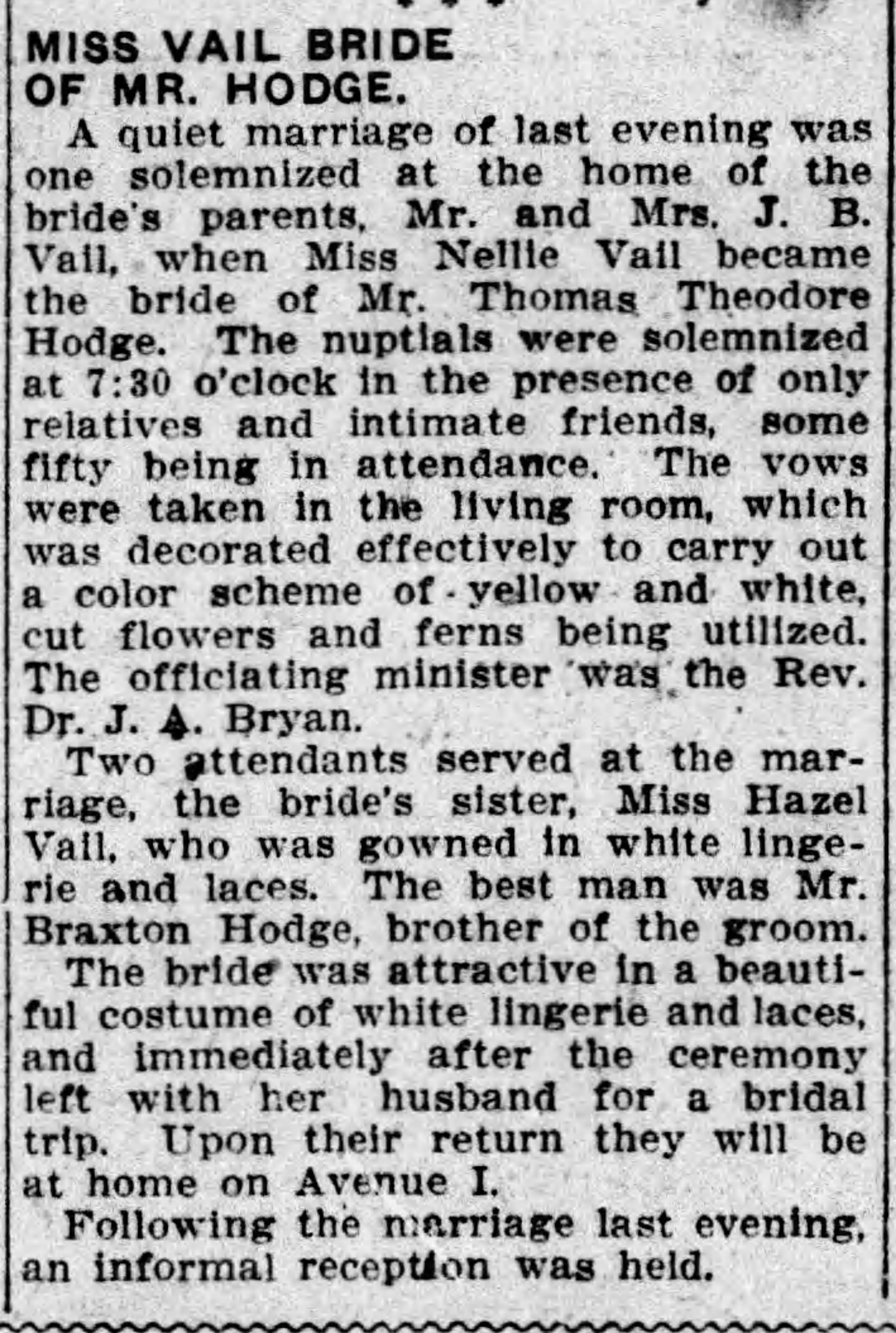 Nellie Vail-Thomas Theodore Hodge